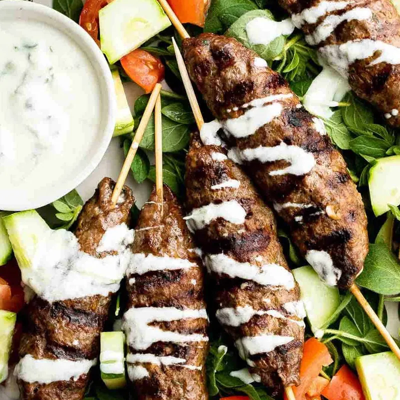 Beef kofta skewers with yogurt sauce