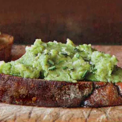 Creamy fresh fava purée on crostini